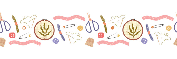 Embroidery seamless pattern. Hoop, floss, scissors, needles. Vector illustration for your design - obrazy, fototapety, plakaty