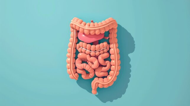 This is anatomical modern illustration of the digestive tract in a flat style, isolated over a white background.