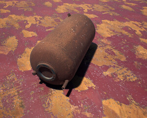 Old rusty propane tank on weathered red metal sheet.