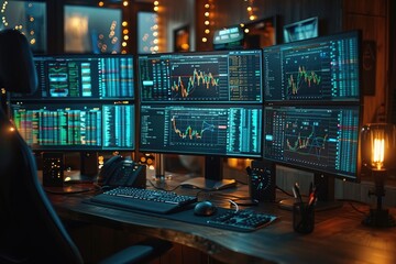 A financial analysts workspace with multiple screens displaying futuristic trading algorithms - obrazy, fototapety, plakaty