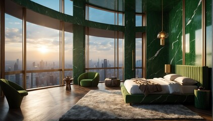 green marble penthouse bedroom luxury unit and morning theme penthouse bedroom luxury unit and morning sunlight rays from Generative AI