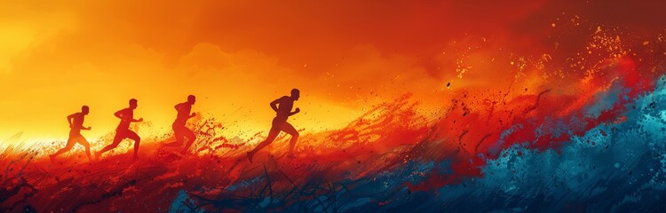 people running in a competition against the orange sunset - obrazy, fototapety, plakaty