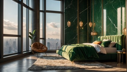 green marble penthouse bedroom luxury unit and morning theme penthouse bedroom luxury unit and morning sunlight rays from Generative AI - obrazy, fototapety, plakaty