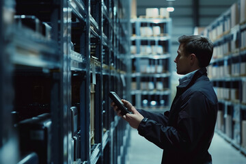 sleek snapshot showcasing a warehouse manager or worker utilizing a barcode scanner to check goods on storage racks, against a clean white background, illustrating the seamless int