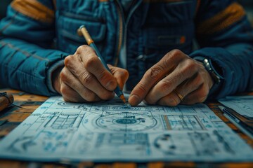 A close-up of an entrepreneurs hands sketching designs for a zero-gravity manufacturing unit