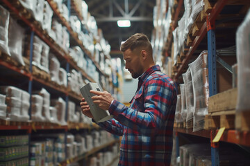 the role of barcode scanning technology in warehouse management, with a warehouse manager or worker scanning goods on storage racks against a white background, showcasing the syste