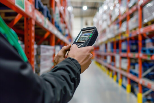 photograph capturing the efficiency of warehouse management practices, with a focus on a manager or worker using a barcode scanner to check goods on storage racks against a white b