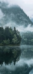 Misty Forest Reflection in Serene Mountain Lake