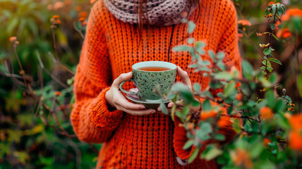herbal tea in the hands of a woman in the garden. Selective focus. - obrazy, fototapety, plakaty
