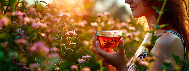 herbal tea in the hands of a woman in the garden. Selective focus.