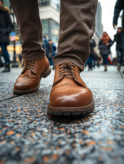 Männliche Beine mit edlen Schuhen beim Laufen in der Stadt als Nahaufnahme, ai generativ
