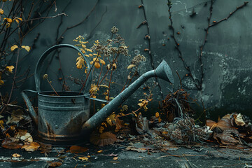 Wilted plants beside a dry watering can paint a somber picture of the challenges faced in nurturing green spaces amid water restrictions - obrazy, fototapety, plakaty
