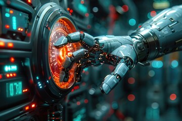 A cybernetic hand unlocking a secure digital vault, illustrating the fusion of biotech and cybersecurity