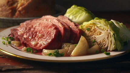 Beef tenderloin with cabbage and onion on a rustic background