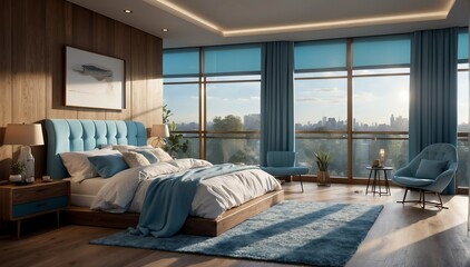 light blue wood theme penthouse bedroom luxury unit and morning sunlight rays from Generative AI - obrazy, fototapety, plakaty