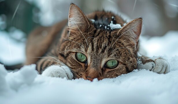 A cute cat with green eyes is playing in the snow.