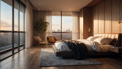 minimalist penthouse bedroom luxury unit and morning s theme penthouse bedroom luxury unit and morning sunlight rays from Generative AI - obrazy, fototapety, plakaty
