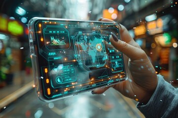 A digital wallet interface on a transparent smart device, managing futuristic currencies and assets