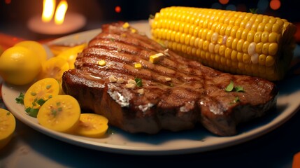 Grilled beef steak with corn and butter on a blue plate.