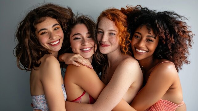 Four women with different hair colors and styles are hugging each other