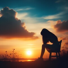 Obraz premium silhouette illustration of a sad girl sitting on a chair facing the beach, towards the sunset ai generative