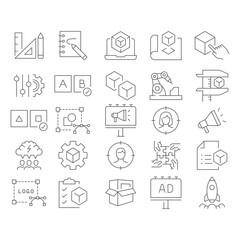 Fototapeta na wymiar New product development icon set. Simple outline style. Product design, industry, team, accuracy, focus, billboard, business concept. Thin line symbol. Vector illustration isolated. Editable stroke.