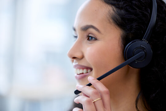 Thinking, call agent and woman with headset in office for career, smile and telecommunication. Employee, female person and consultant with ideas, support and answer questions for customer service
