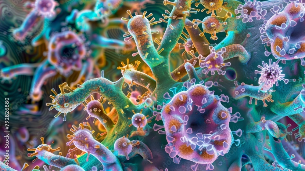 Poster a colorful microscopic image of a bacterial colony with numerous tentaclelike projections extending 