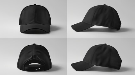 The black baseball cap is shown from four different angles in this mockup.