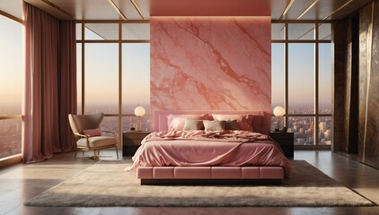 pink marble penthouse bedroom luxury unit and morning theme penthouse bedroom luxury unit and morning sunlight rays from Generative AI