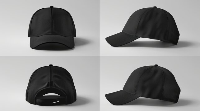The black baseball cap is shown from four different angles in this mockup.