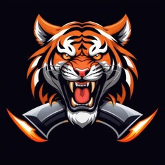 Esport Logo Design with Tiger Mascot, Sharp Fangs Visible and Fierce Eyes, Displaying Dominance