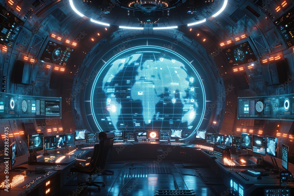 Aufkleber a futuristic cybersecurity command center, monitors displaying real-time data protection efforts