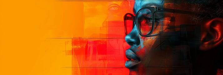 Double exposure portrait of a man with glasses and a colorful background.