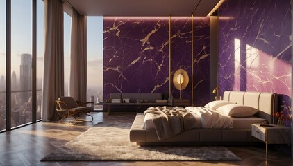 purple marble penthouse bedroom luxury unit and mornin theme penthouse bedroom luxury unit and morning sunlight rays from Generative AI - obrazy, fototapety, plakaty