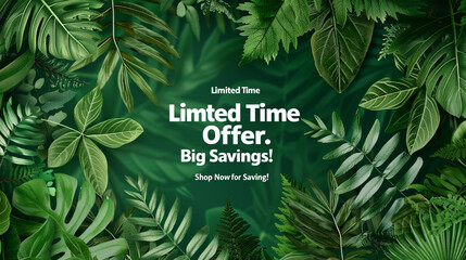 Lush green background with modern typography "Limited Time Offer. Shop Now for Big Savings!"