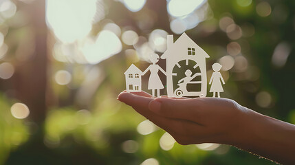 House and family in hands family home, homeless housing and home protecting insurance concept, international day of families - obrazy, fototapety, plakaty