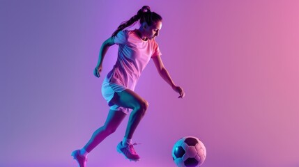 Fototapeta na wymiar Young female soccer, female soccer player moving, practicing Dribbling.