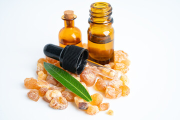 Frankincense or olibanum aromatic resin isolated on white background used in incense and perfumes.