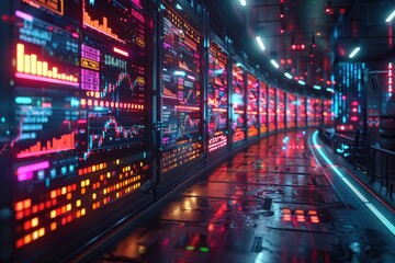 Obraz premium A holographic trading floor where digital currencies are exchanged in real-time, showcasing futuristic finance