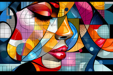 A colorful painting of a woman's face with a red lip