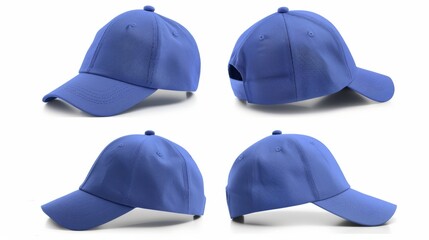 A mock-up of a blue baseball cap from four different angles.