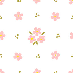 Simple gentle calm floral vector seamless pattern. Pink flowers on a white background. For fabric prints, textile products.