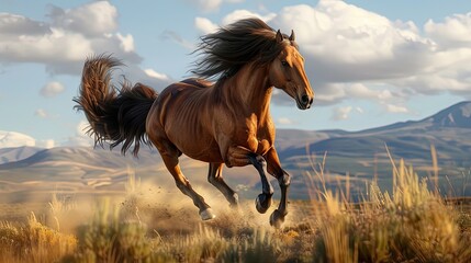 Generate an image of a wild stallion running in a gallop across a natural landscape, capturing the untamed beauty and power of the horse in its natural habitat