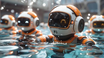 cute robots swimming in pool