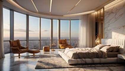 white marble penthouse bedroom luxury unit and morning theme penthouse bedroom luxury unit and morning sunlight rays from Generative AI - obrazy, fototapety, plakaty