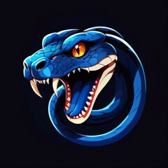 Snake Logo with Neon Blue Body and Red Eyes, Roaring in Modern Graphic Style, Ideal for Esport Logos