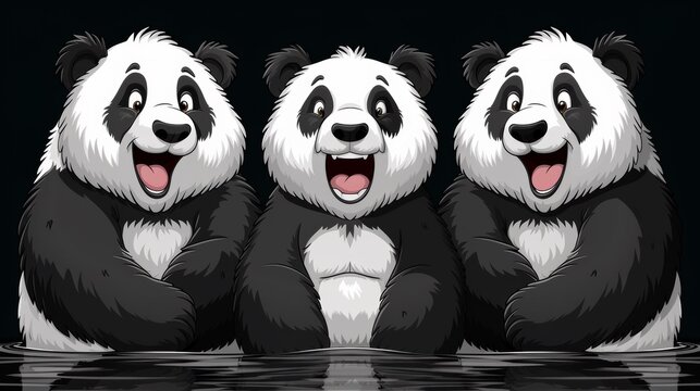 Three panda bears are sitting in the water with their mouths open, AI
