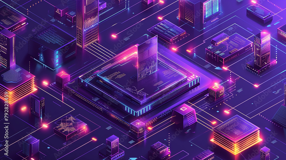 Poster a futuristic cityscape with a large computer chip in the middle