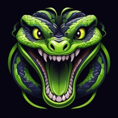 Green Snake Mascot Logo Design with Complex Patterned Skin, Fiery Angry Eyes, and Protruding Tongue, Displaying Aggression for Esports